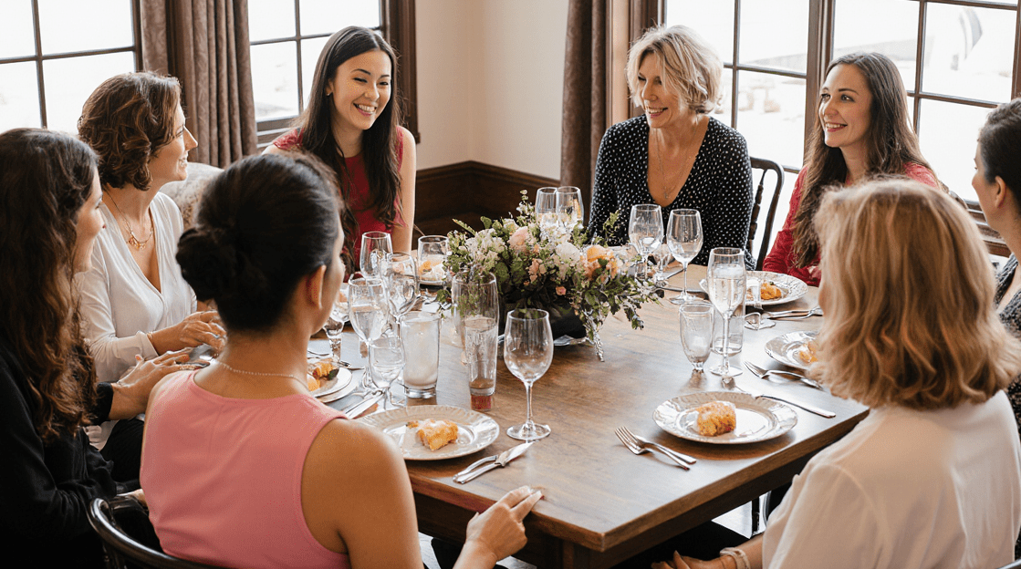 Women’s Giving Circle members sharing stories and laughter over a meal, building relationships to support Southwest Human Development’s mission for Arizona’s youngest children.